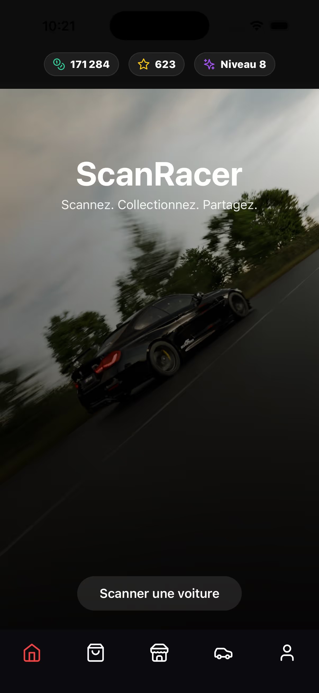 Écran d'accueil de l'application ScanRacer